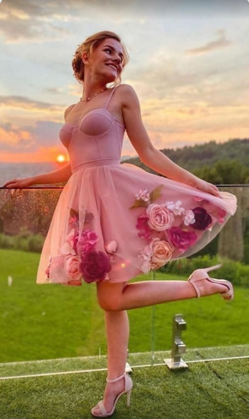 Beautiful Pink Sweetheart Neck With 3D Flowers Prom Dress,Homecoming Dress HZ1023